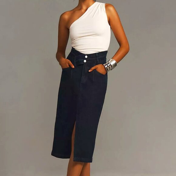 Anthropologie Pilcro The Arden Double Waist Midi Skirt In Dark Blue Denim 12 NWT - Picture 1 of 11